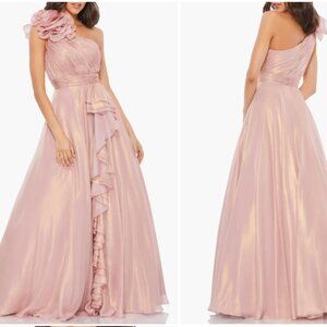 MAC DUGGAL 49252 ONE SHOULDER ROSETTE IRIDESCENT ROSE GOLD GOWN sz 12